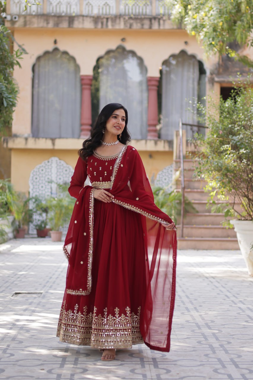 Stunning Red Color Sequins Georgette Festival Wear Gown With Dupatta
