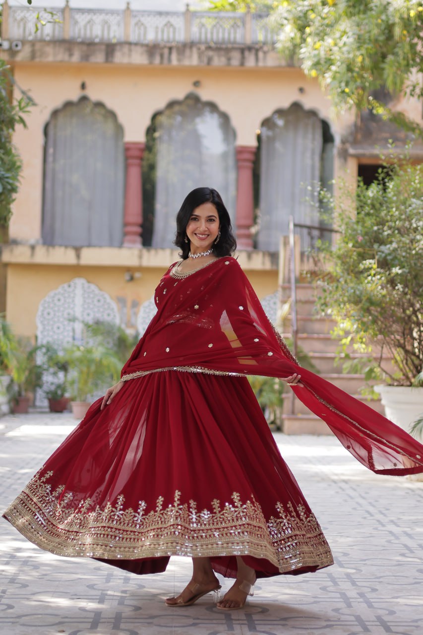 Stunning Red Color Sequins Georgette Festival Wear Gown With Dupatta