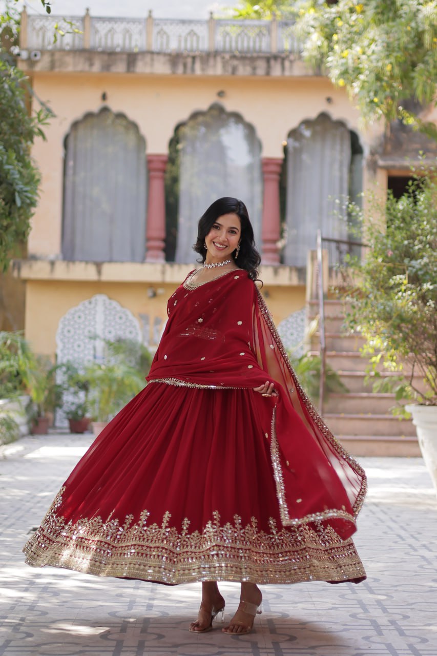 Stunning Red Color Sequins Georgette Festival Wear Gown With Dupatta