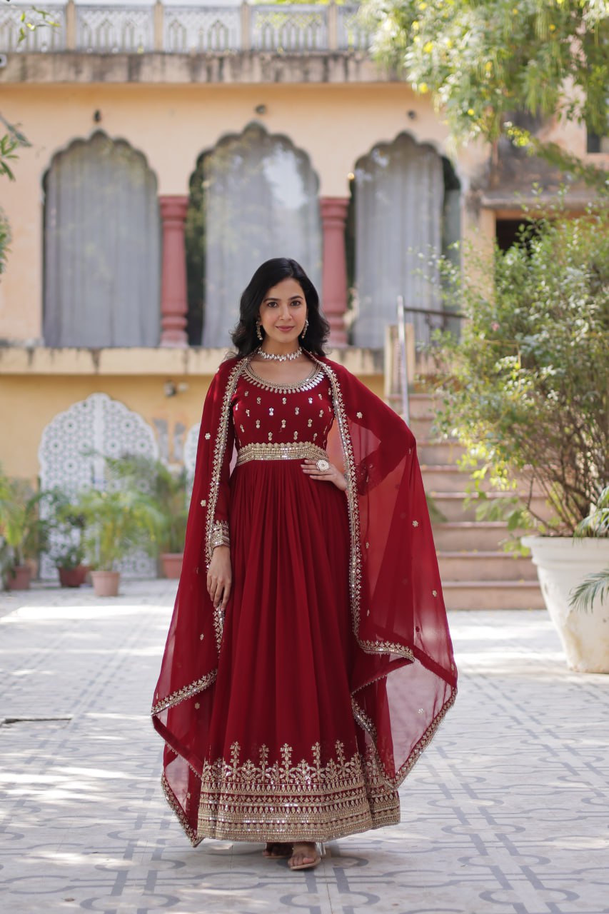 Stunning Red Color Sequins Georgette Festival Wear Gown With Dupatta
