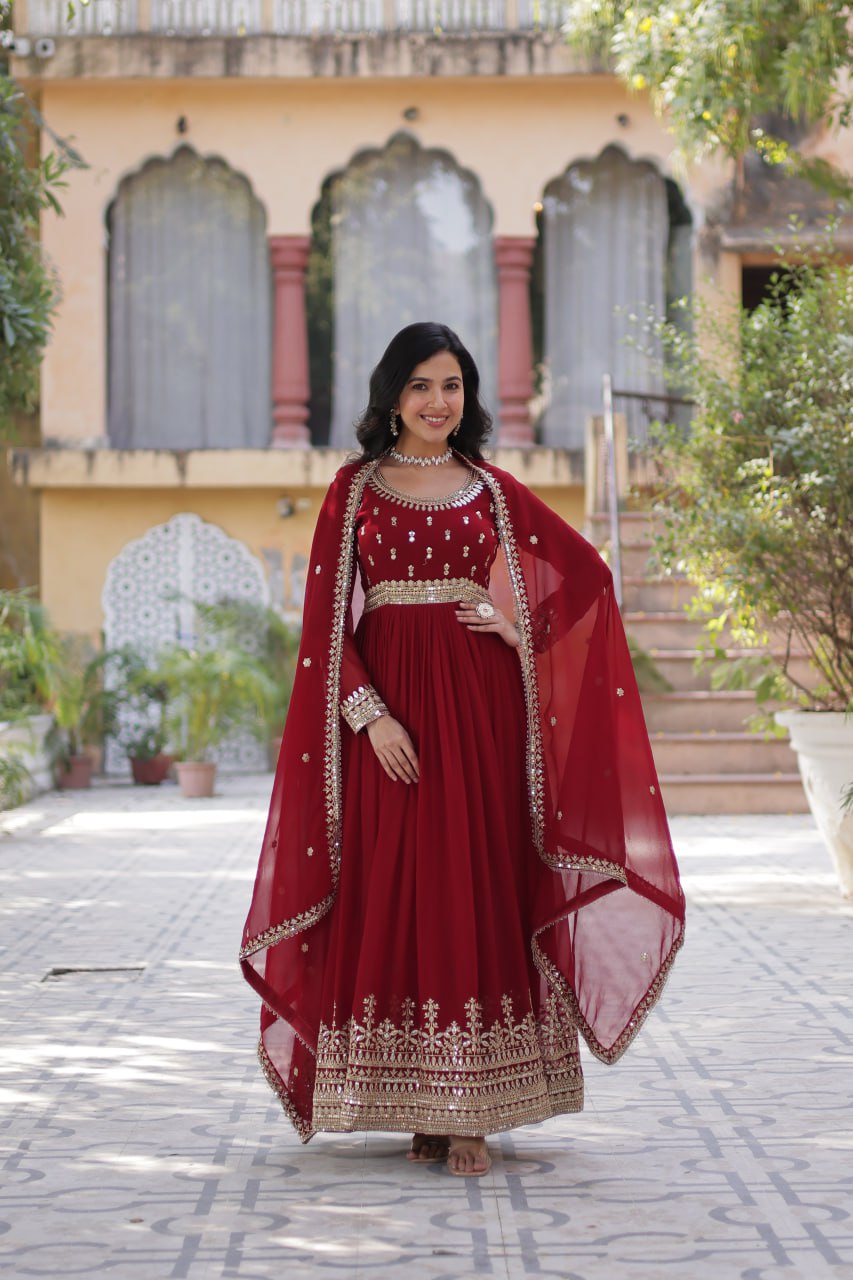 Stunning Red Color Sequins Georgette Festival Wear Gown With Dupatta