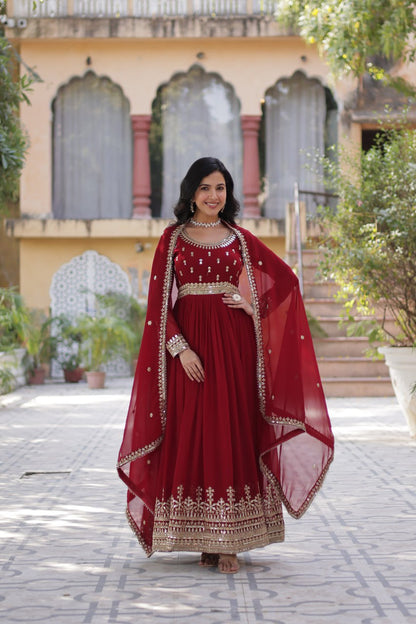 Stunning Red Color Sequins Georgette Festival Wear Gown With Dupatta