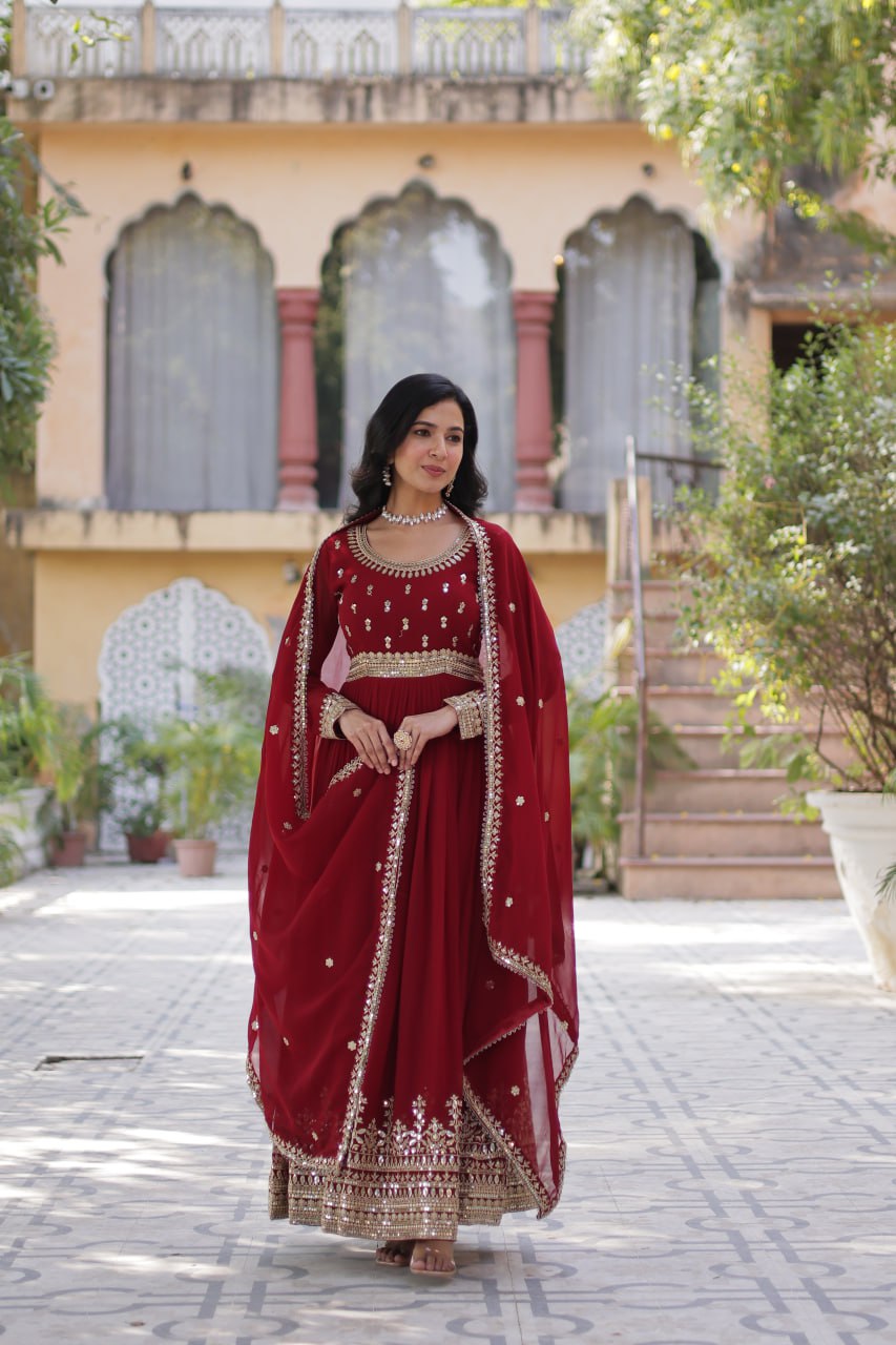 Stunning Red Color Sequins Georgette Festival Wear Gown With Dupatta