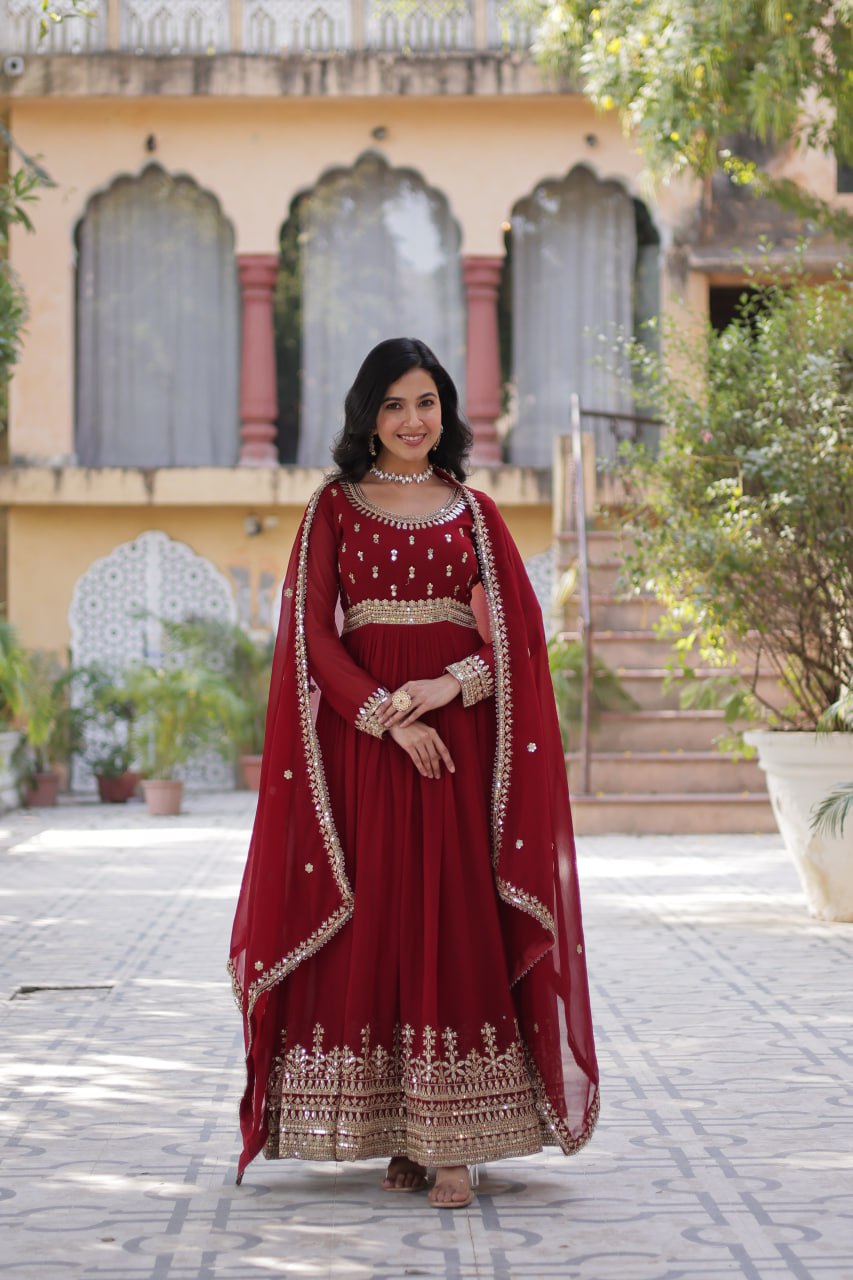 Stunning Red Color Sequins Georgette Festival Wear Gown With Dupatta