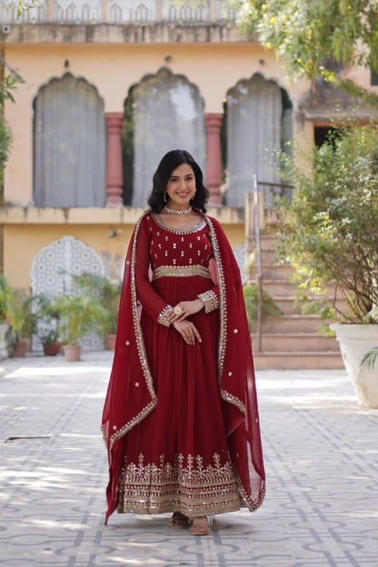 Stunning Red Color Sequins Georgette Festival Wear Gown With Dupatta