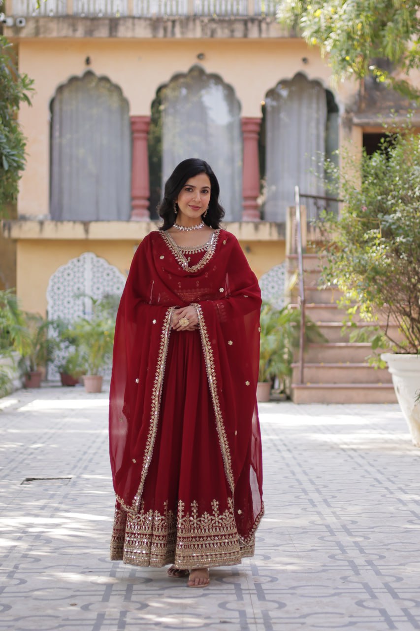 Stunning Red Color Sequins Georgette Festival Wear Gown With Dupatta