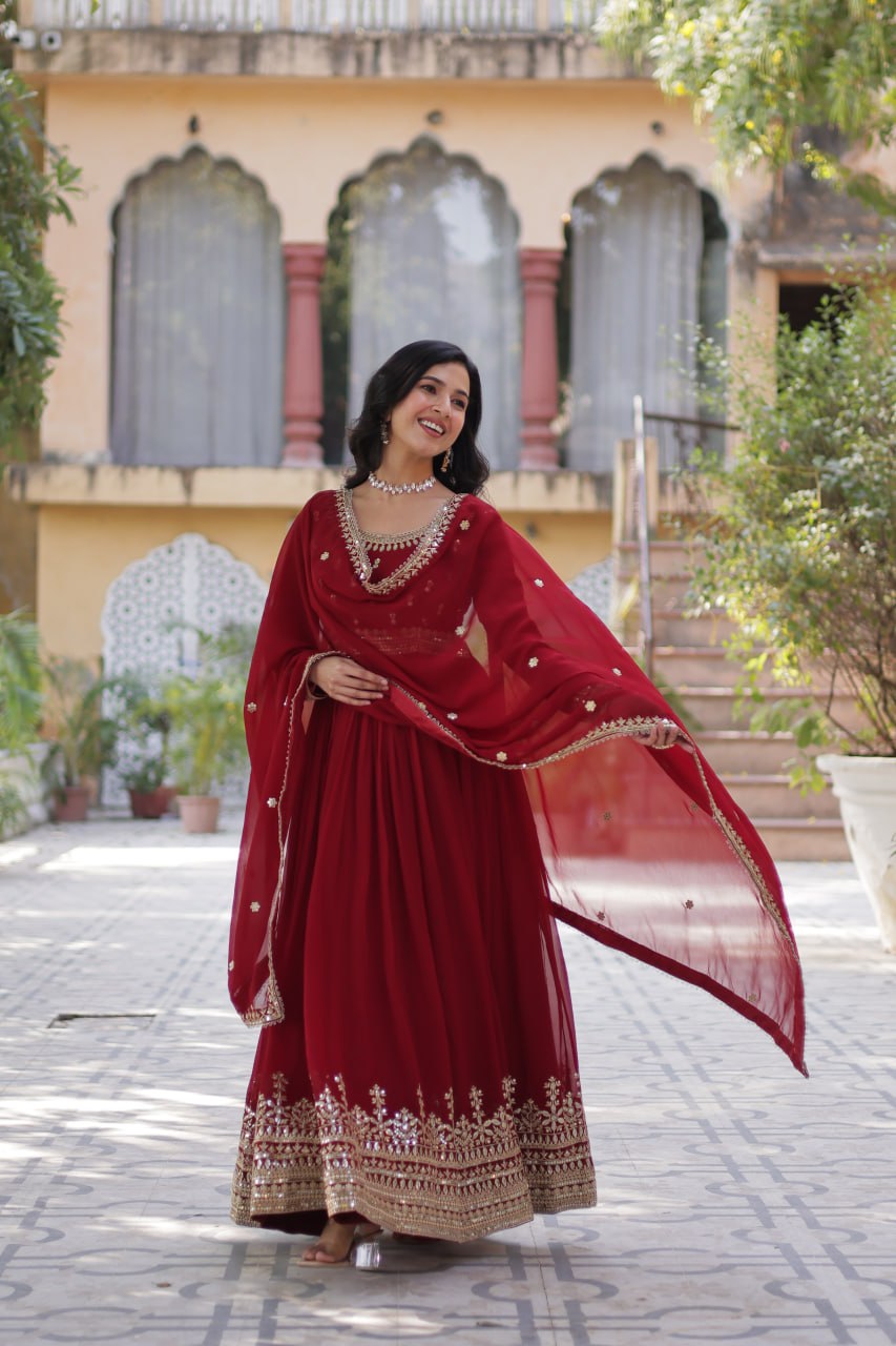 Stunning Red Color Sequins Georgette Festival Wear Gown With Dupatta