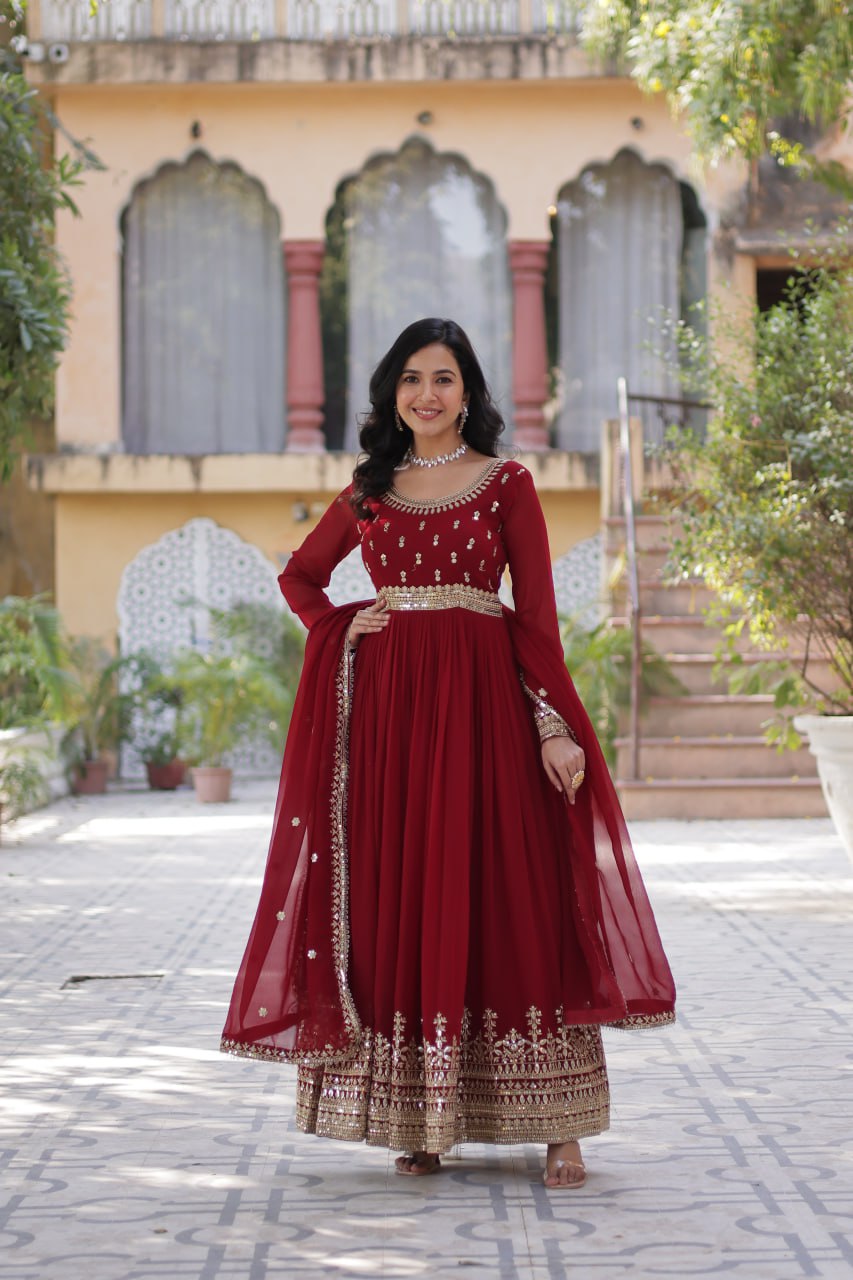 Stunning Red Color Sequins Georgette Festival Wear Gown With Dupatta
