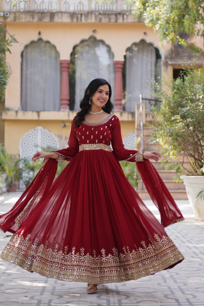 Stunning Red Color Sequins Georgette Festival Wear Gown With Dupatta