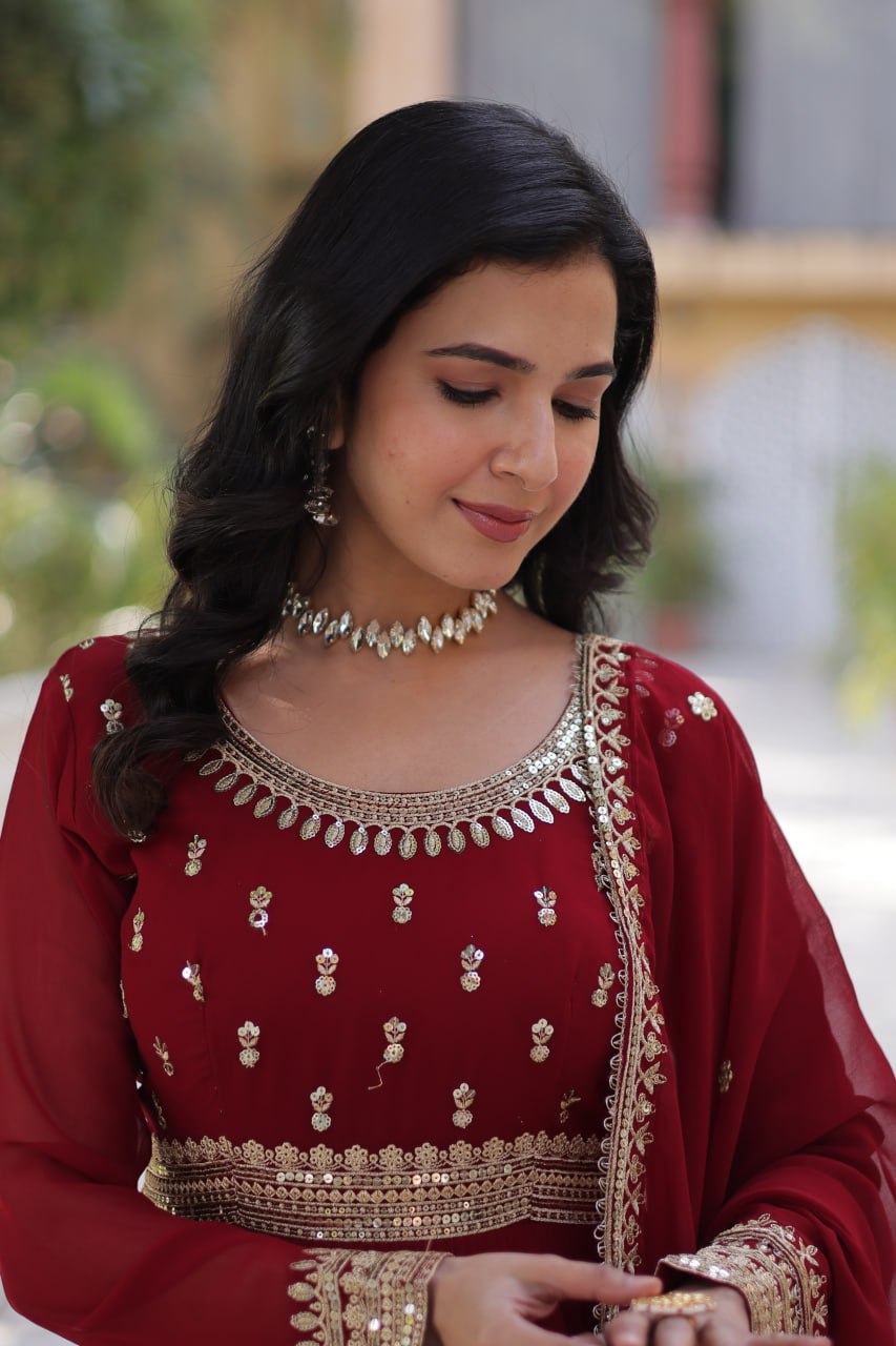 Stunning Red Color Sequins Georgette Festival Wear Gown With Dupatta