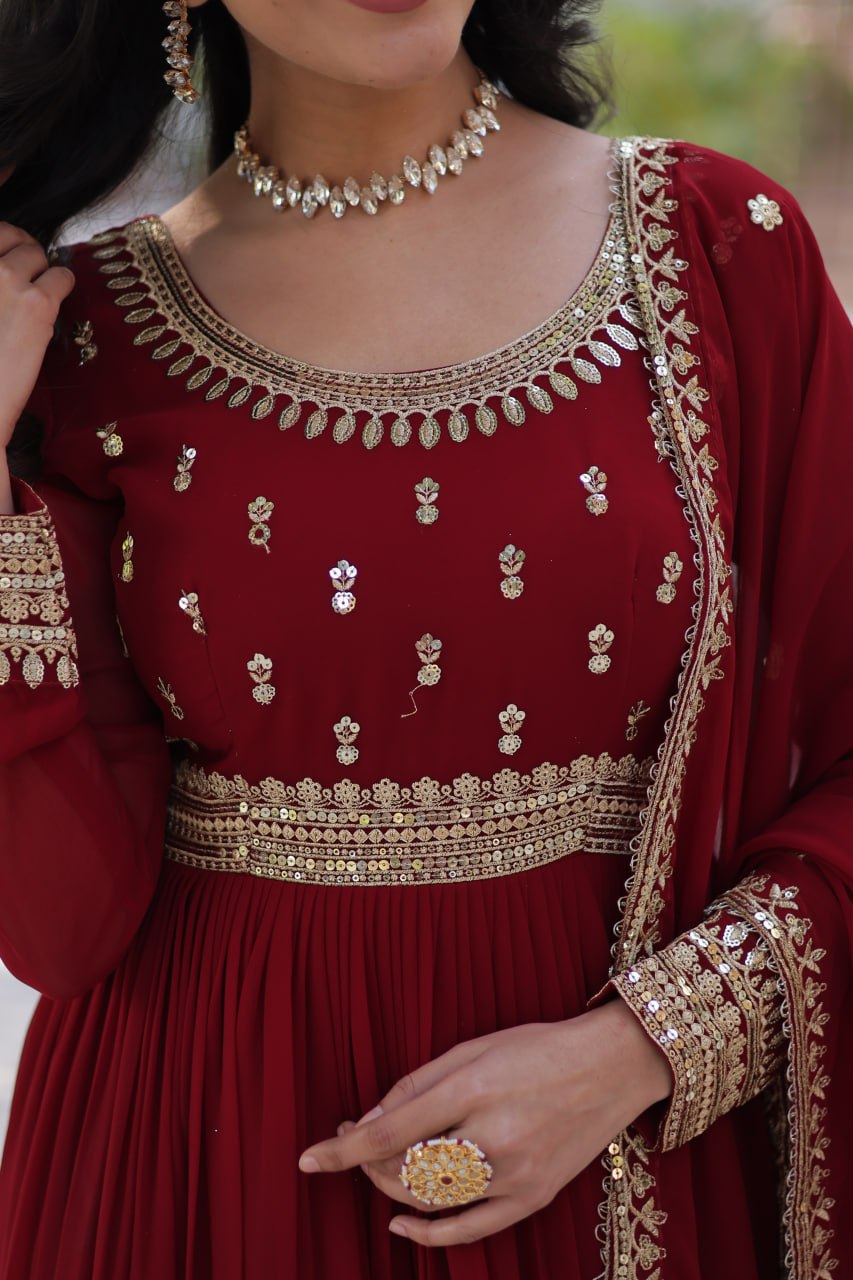 Stunning Red Color Sequins Georgette Festival Wear Gown With Dupatta