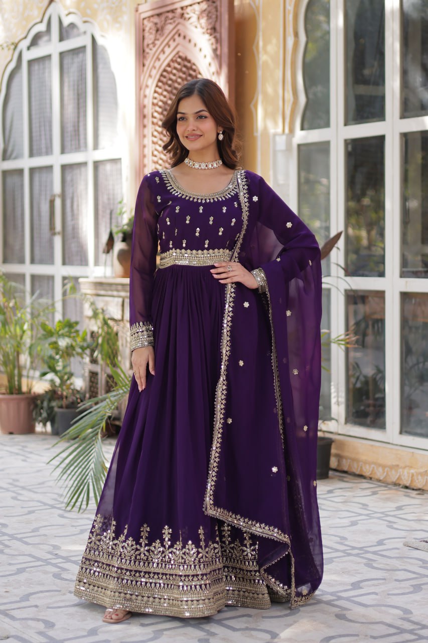 Stunning Purple Color Sequins Georgette Festival Wear Gown With Dupatta