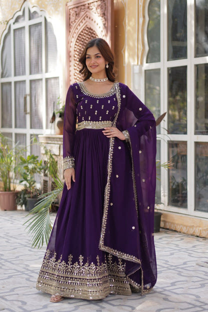 Stunning Purple Color Sequins Georgette Festival Wear Gown With Dupatta