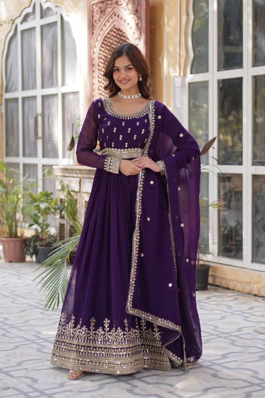 Stunning Purple Color Sequins Georgette Festival Wear Gown With Dupatta