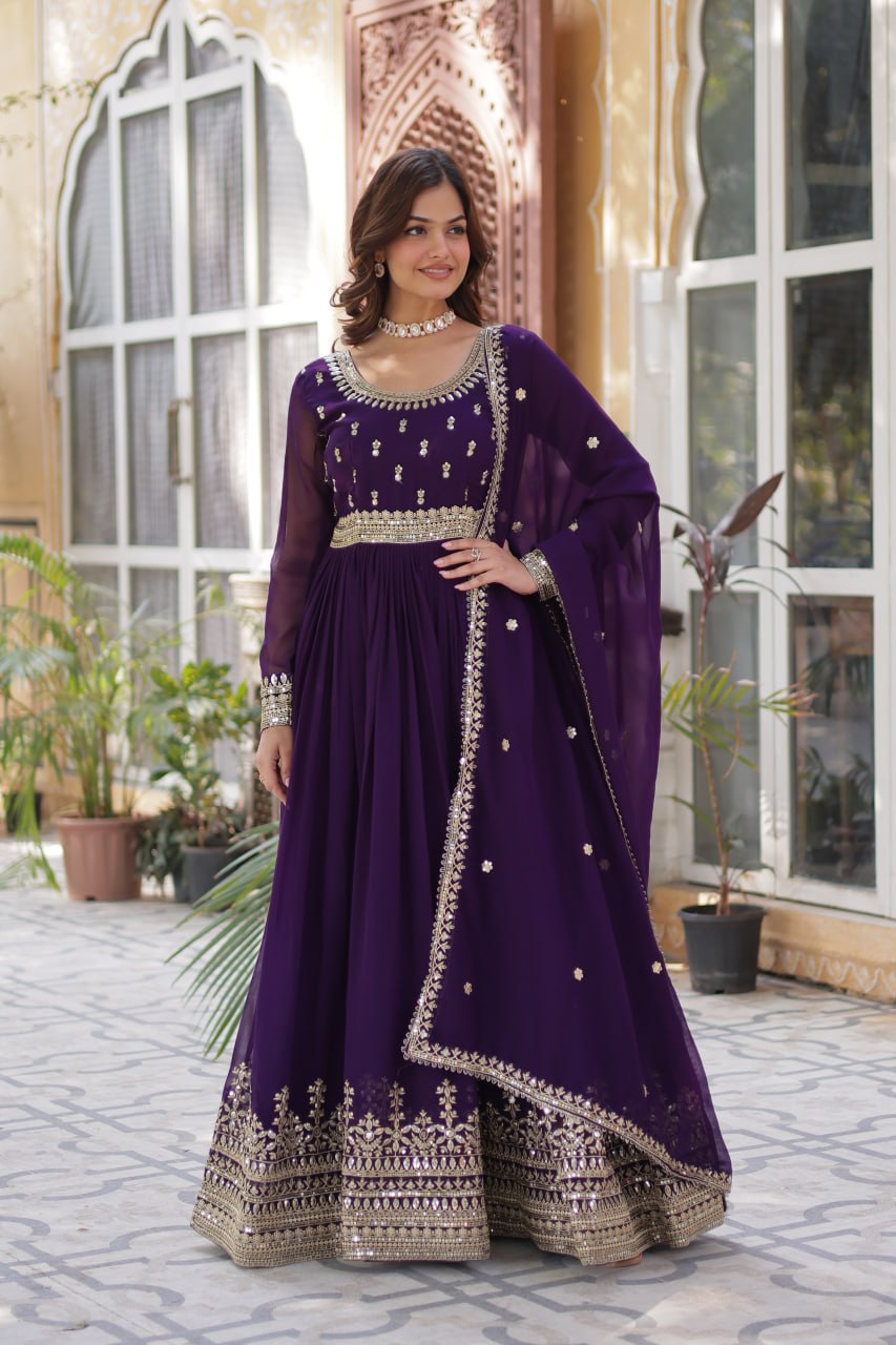 Stunning Purple Color Sequins Georgette Festival Wear Gown With Dupatta