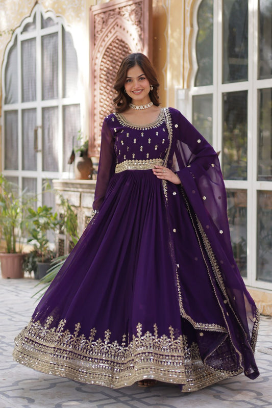 Stunning Purple Color Sequins Georgette Festival Wear Gown With Dupatta