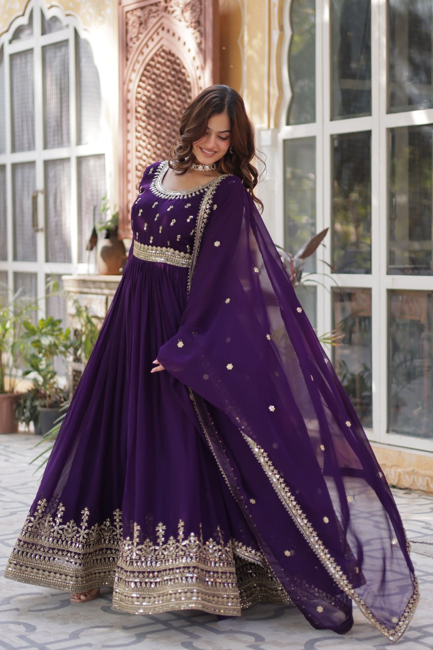 Stunning Purple Color Sequins Georgette Festival Wear Gown With Dupatta