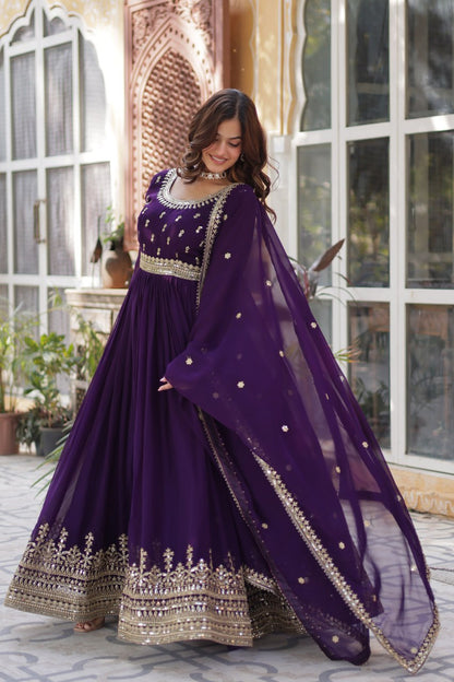 Stunning Purple Color Sequins Georgette Festival Wear Gown With Dupatta