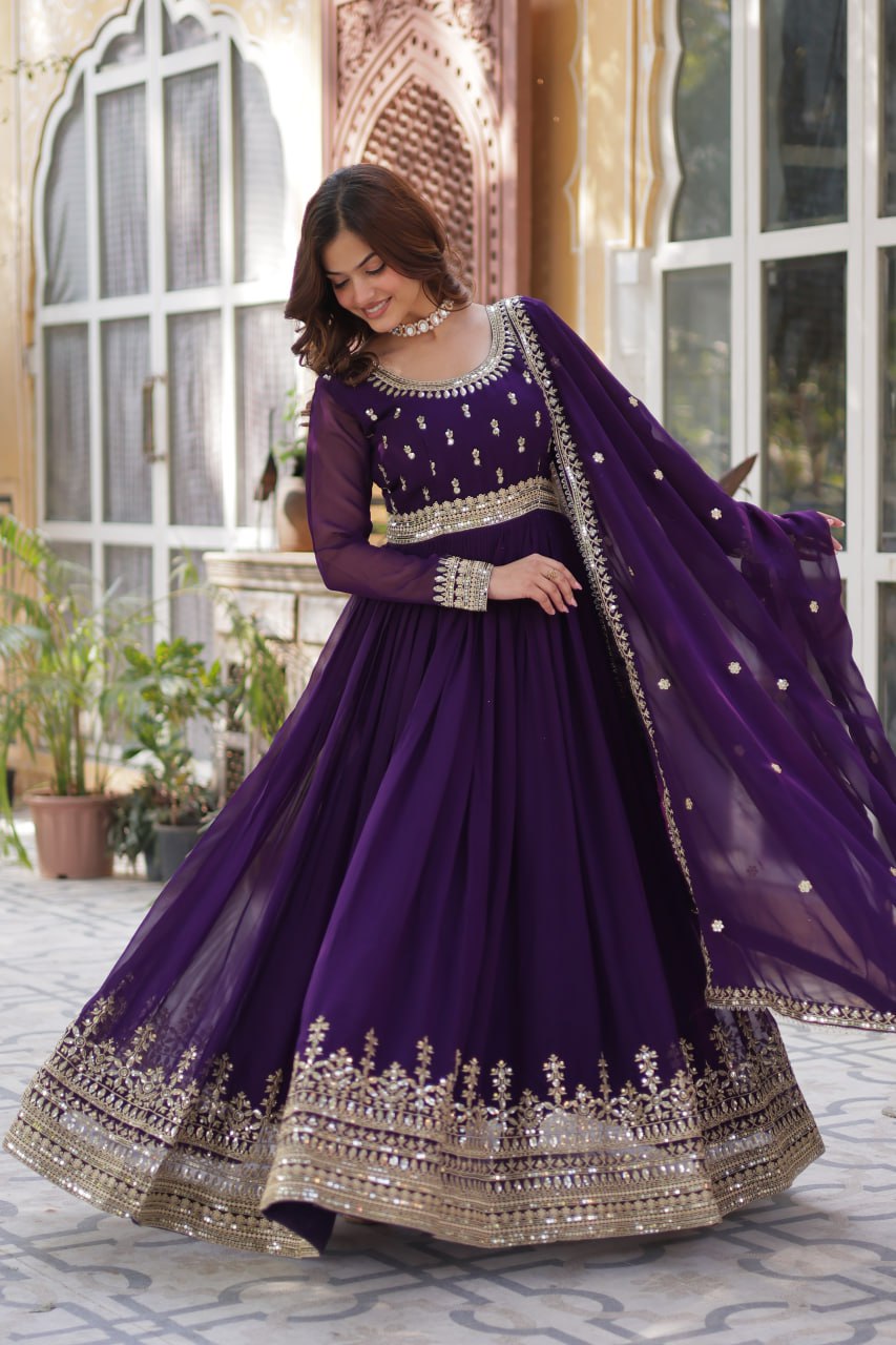 Stunning Purple Color Sequins Georgette Festival Wear Gown With Dupatta