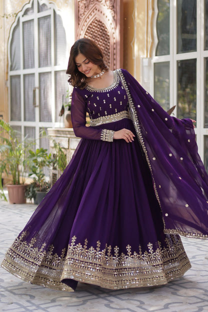 Stunning Purple Color Sequins Georgette Festival Wear Gown With Dupatta