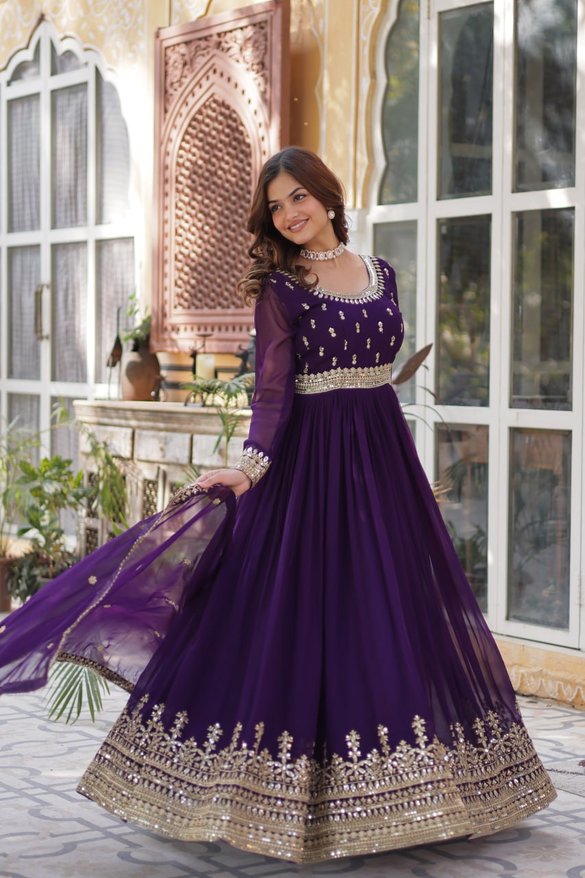 Stunning Purple Color Sequins Georgette Festival Wear Gown With Dupatta