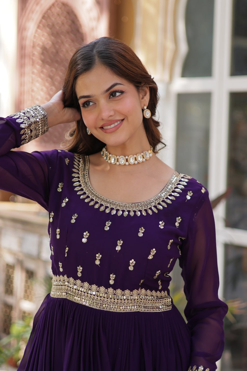 Stunning Purple Color Sequins Georgette Festival Wear Gown With Dupatta