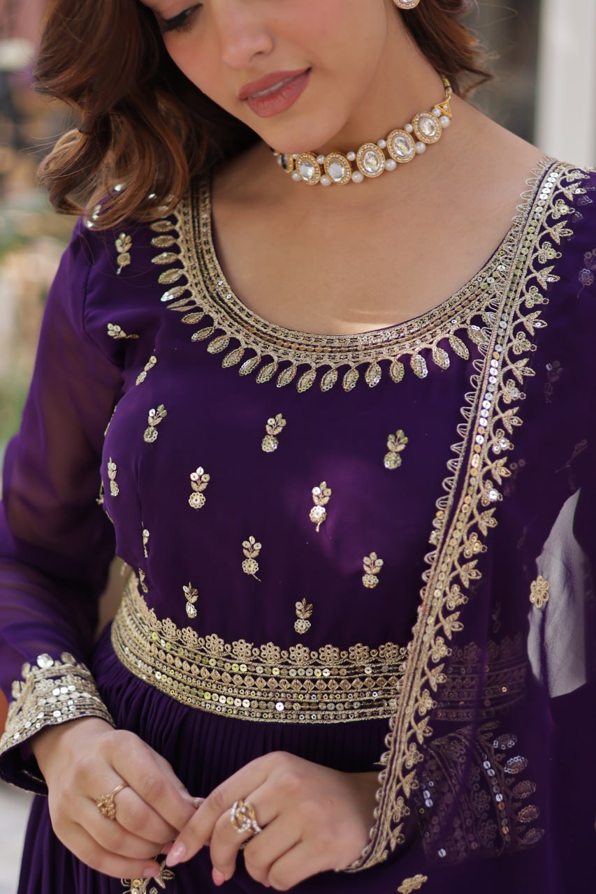 Stunning Purple Color Sequins Georgette Festival Wear Gown With Dupatta