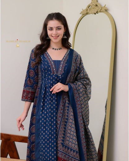MAL Cotton Kurti Plazo With Handwork Nack Dupatta Set