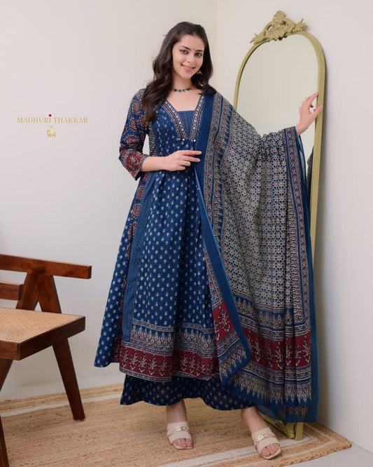 MAL Cotton Kurti Plazo With Handwork Nack Dupatta Set