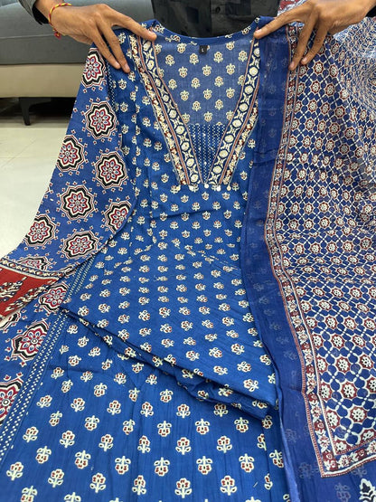MAL Cotton Kurti Plazo With Handwork Nack Dupatta Set