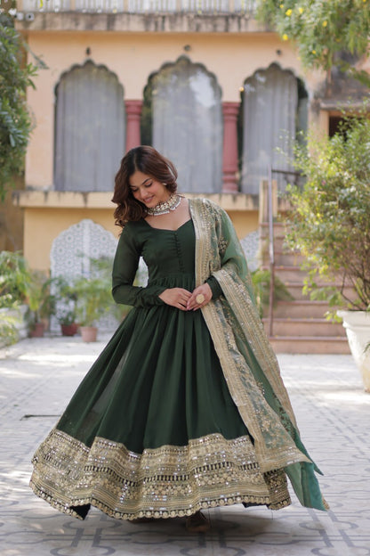 Shimmer Vichitra with Rich Sequins Embroidered work Green Color