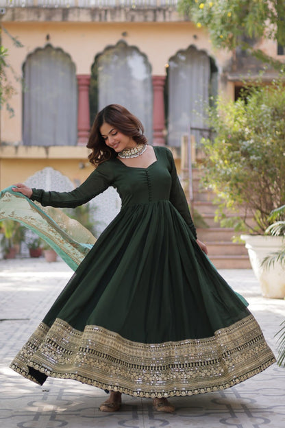 Shimmer Vichitra with Rich Sequins Embroidered work Green Color