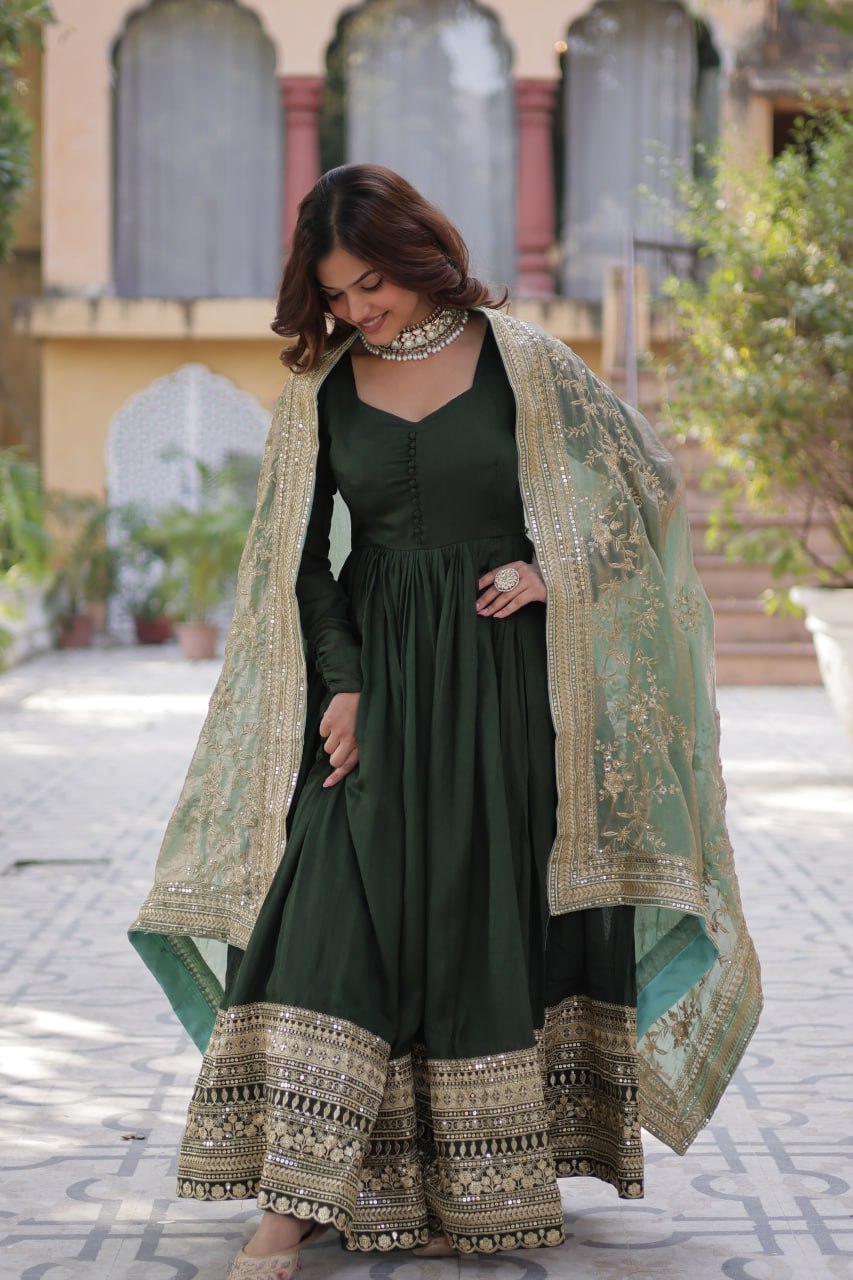 Shimmer Vichitra with Rich Sequins Embroidered work Green Color