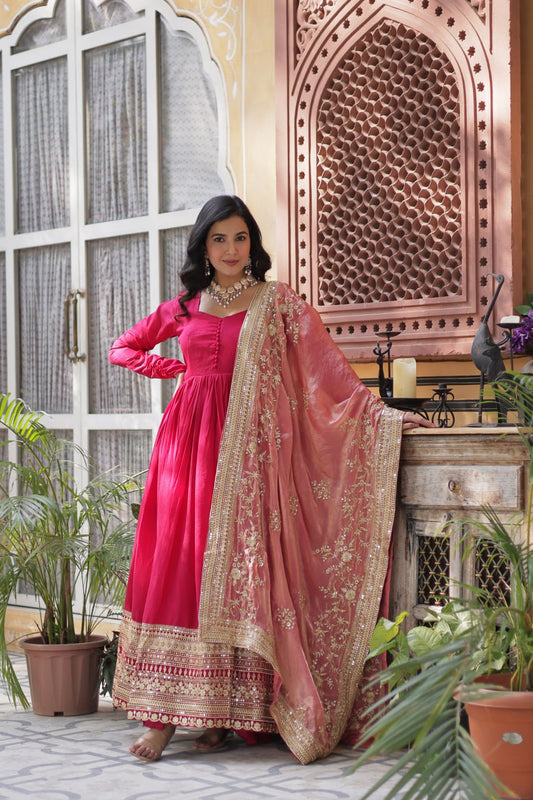 Shimmer Vichitra with Rich Sequins Embroidered work Red Color