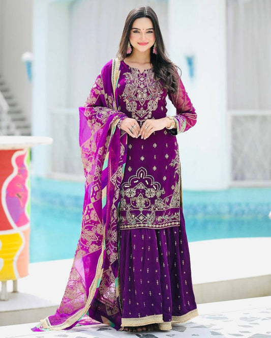New Designer Party Top with Palazzo & Dupatta Set – Chic & Elegant