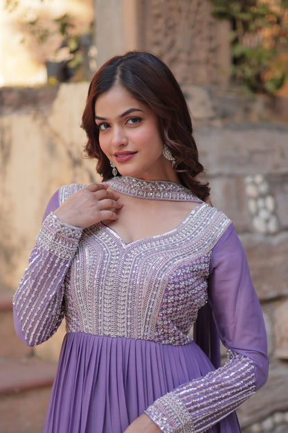 Star Georgette with Embroidery Beads Sequins Pieces Purple Color
