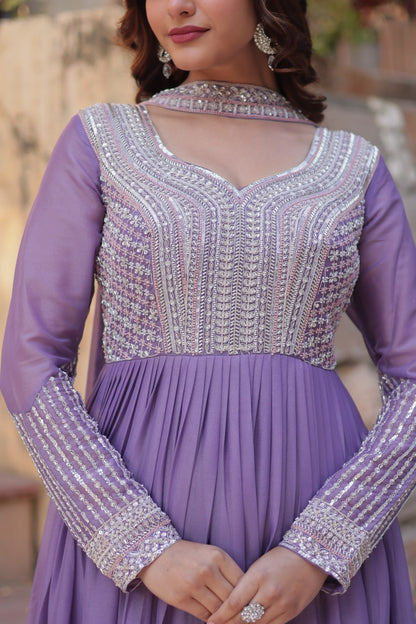 Star Georgette with Embroidery Beads Sequins Pieces Purple Color