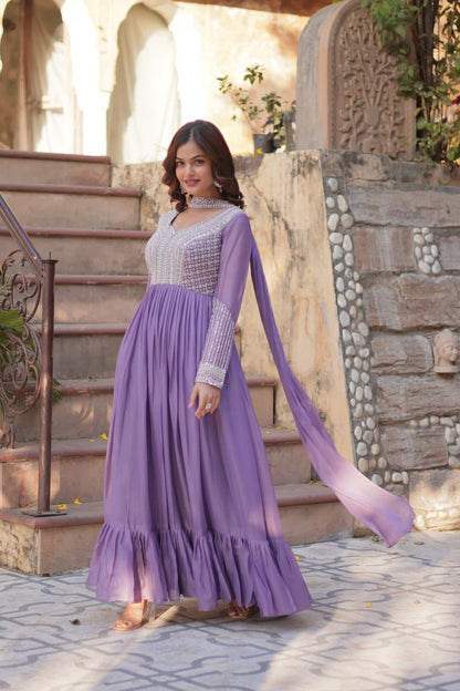 Star Georgette with Embroidery Beads Sequins Pieces Purple Color
