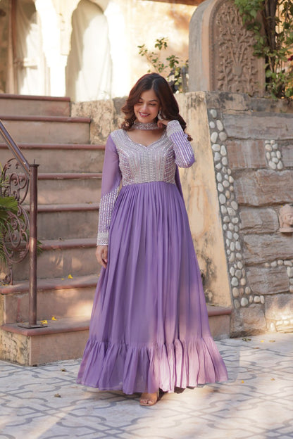 Star Georgette with Embroidery Beads Sequins Pieces Purple Color