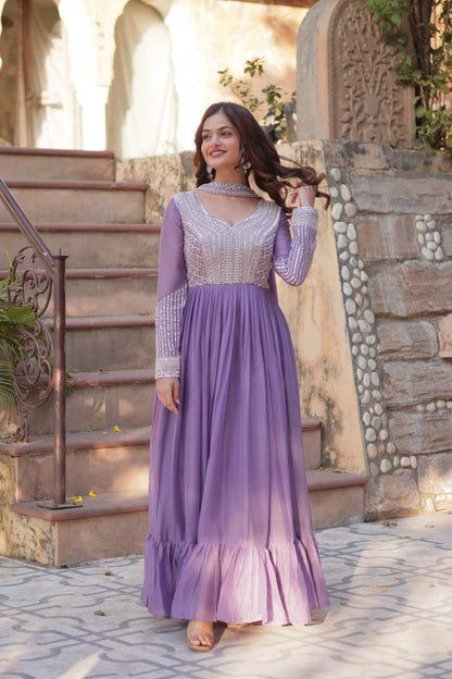 Star Georgette with Embroidery Beads Sequins Pieces Purple Color