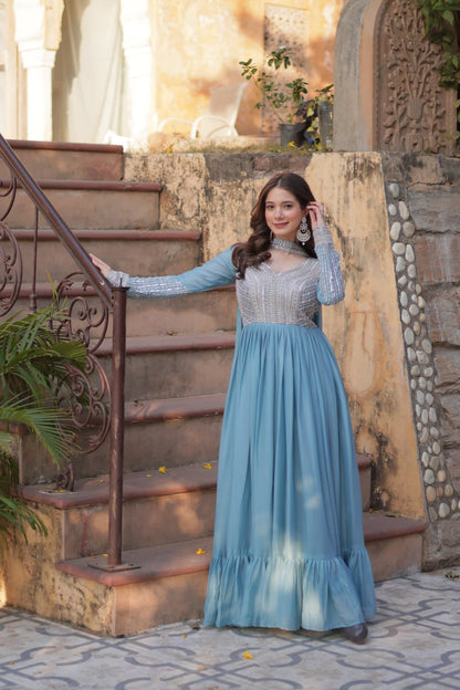 Star Georgette with Embroidery Beads Sequins Pieces Blue Color