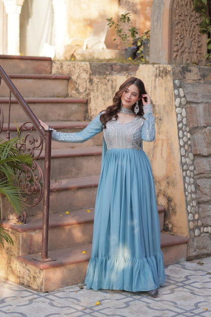 Star Georgette with Embroidery Beads Sequins Pieces Blue Color