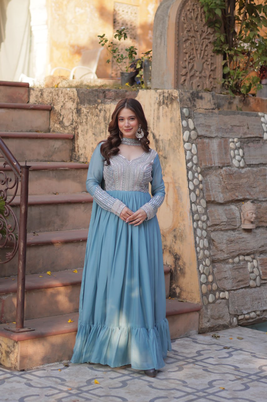 Star Georgette with Embroidery Beads Sequins Pieces Blue Color