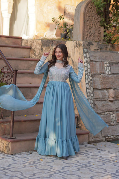 Star Georgette with Embroidery Beads Sequins Pieces Blue Color