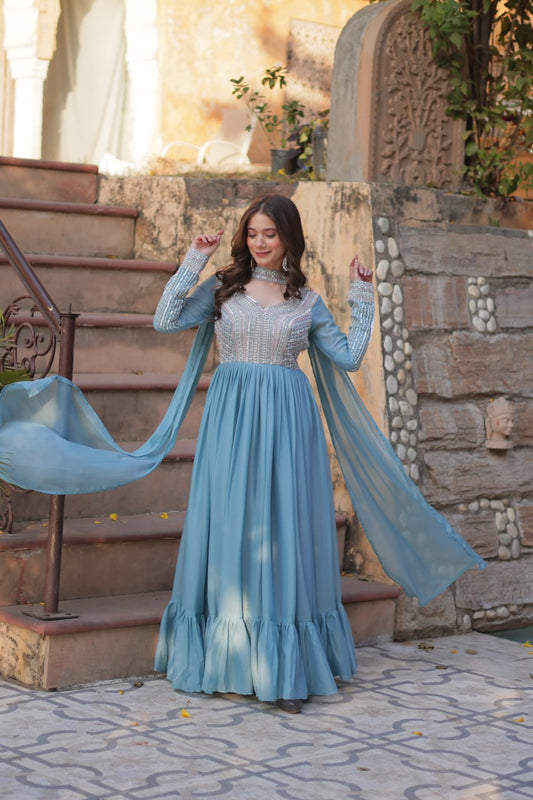 Star Georgette with Embroidery Beads Sequins Pieces Blue Color