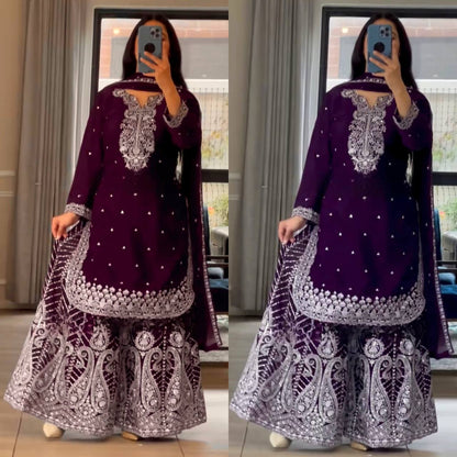 Ethnic Heavy Embroidered Chinon Silk Suit with Fancy Borders & Sharara Plazzo