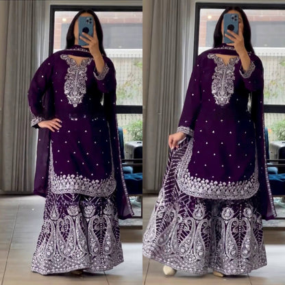 Ethnic Heavy Embroidered Chinon Silk Suit with Fancy Borders & Sharara Plazzo