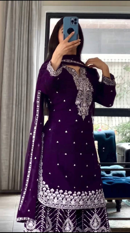 Ethnic Heavy Embroidered Chinon Silk Suit with Fancy Borders & Sharara Plazzo