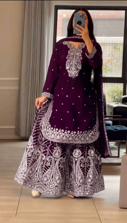 Ethnic Heavy Embroidered Chinon Silk Suit with Fancy Borders & Sharara Plazzo