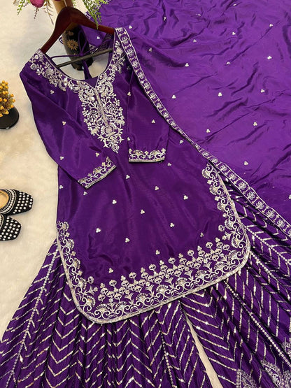 Ethnic Heavy Embroidered Chinon Silk Suit with Fancy Borders & Sharara Plazzo